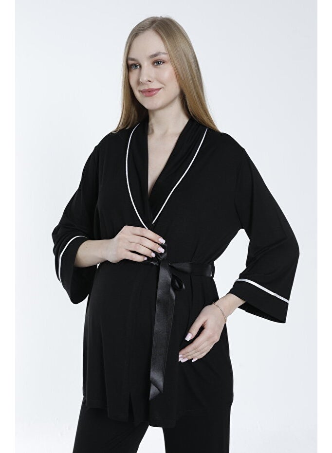 طقم بيجاما حمل ورضاعة برباط أمامي وياقة عريضة - Image 5